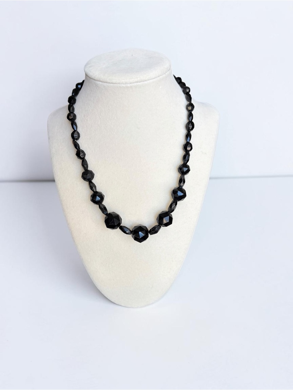 Vintage Jet Black Faceted Glass Beaded Necklace Hand Knotted Brass Clasp
